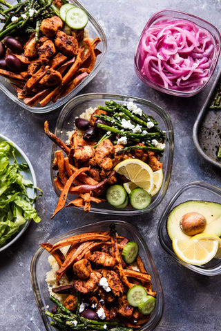 meal prep: chicken shawarma and sweet potato fry bowls.